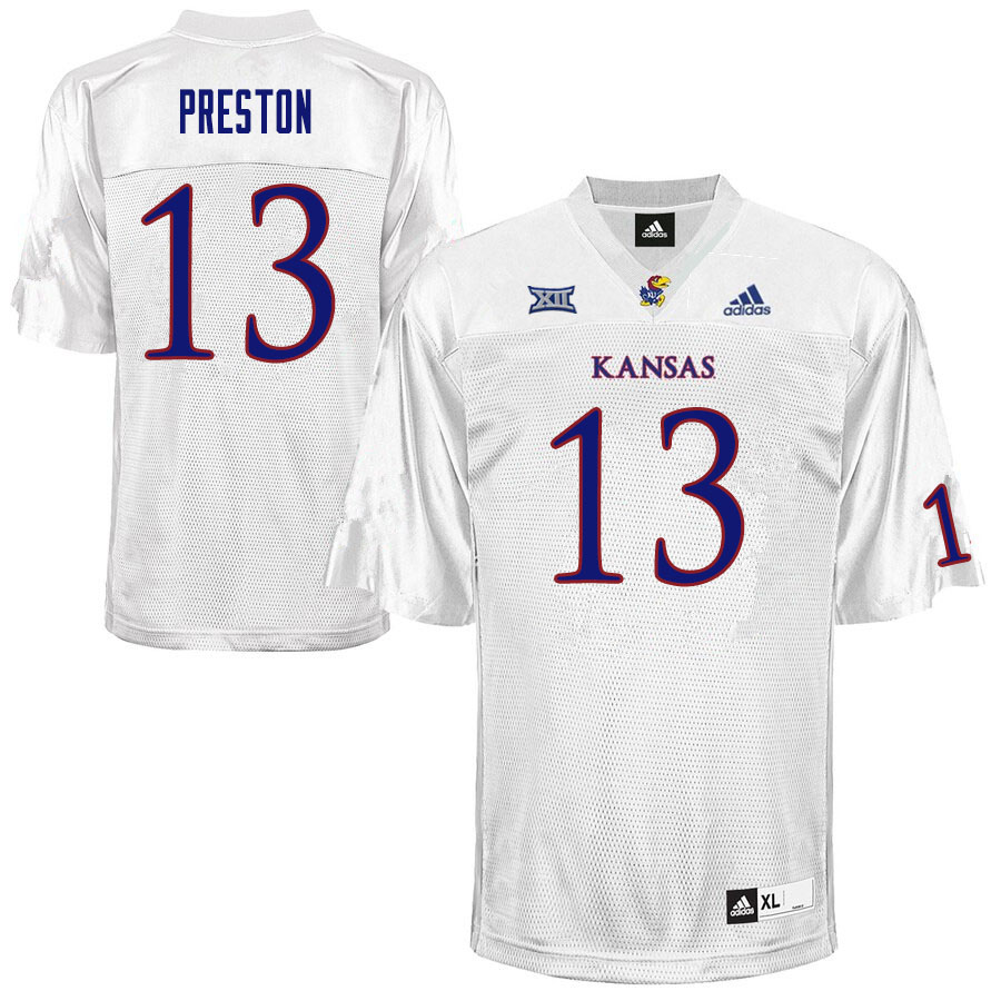 Men #13 Jordan Preston Kansas Jayhawks College Football Jerseys Sale-White - Click Image to Close
